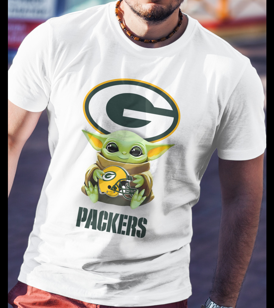 Baby Yoda Hugging Green Bay Packers Helmet With Logo And Packers Text T-Shirt