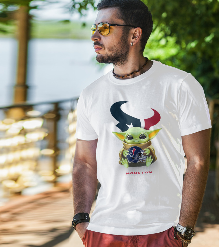 Baby Yoda Houston Texans Logo Helmet Hug T-Shirt