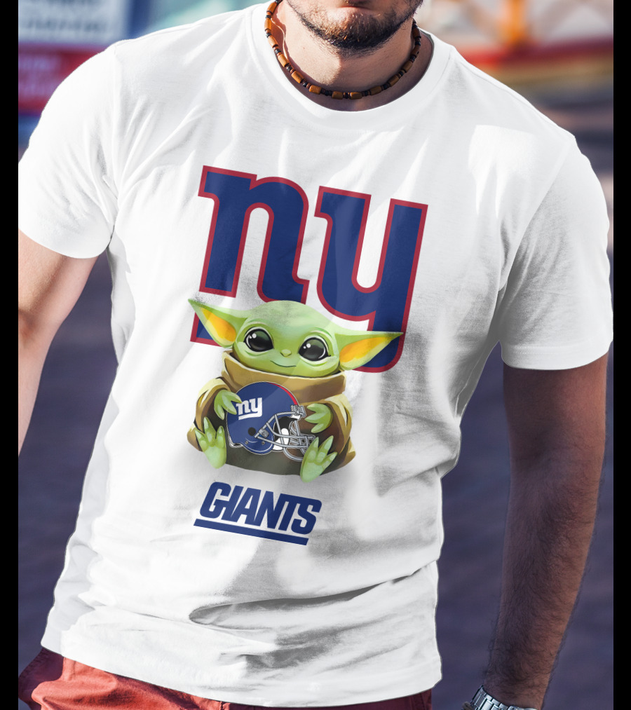 Baby Yoda Holding New York Giants Helmet Under Team T-Shirt