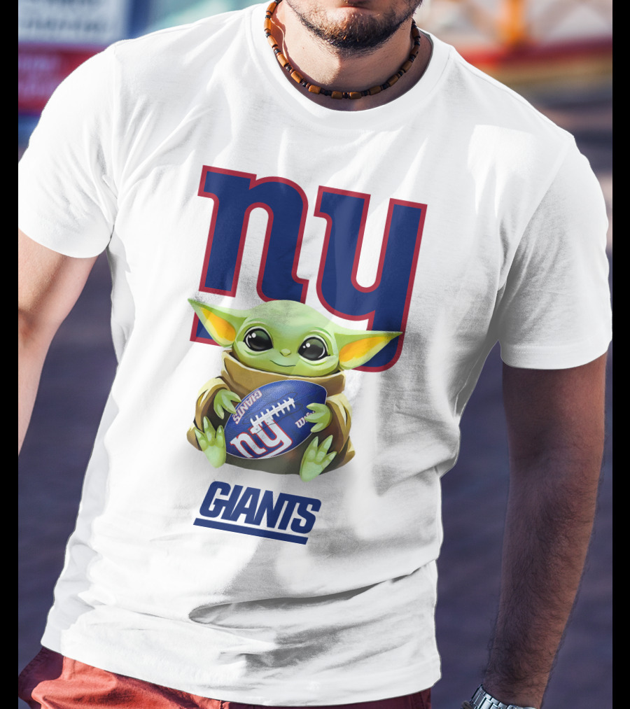 Baby Yoda Hugging Football With New York Giants Logo NY Giants T-Shirt