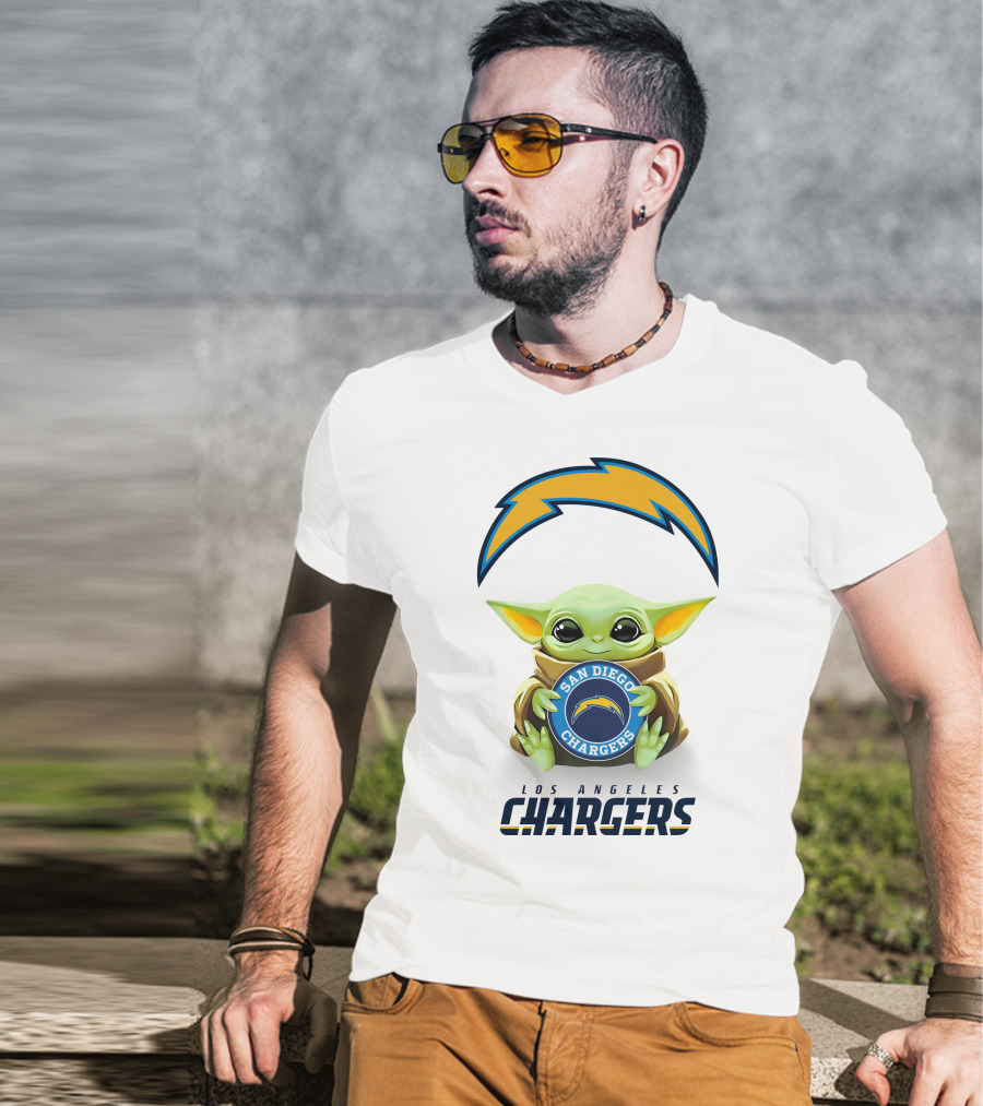 Baby Yoda Hug San Diego Chargers Los Angeles Chargers Logo White T-Shirt