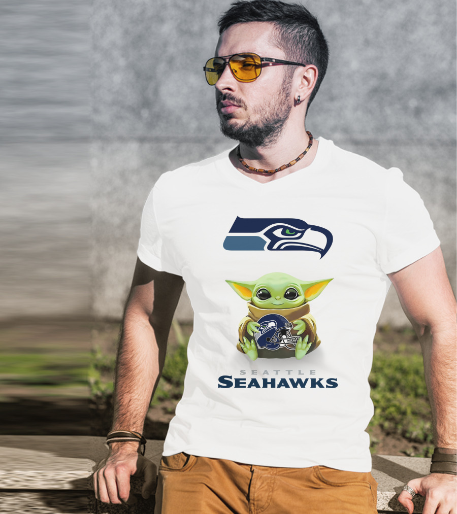 Seattle Seahawks Baby Yoda Hugging Helmet T-Shirt