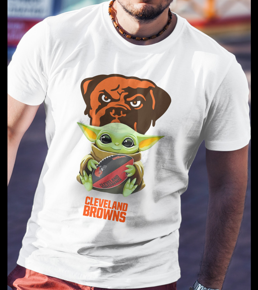 Baby Yoda Holding Cleveland Browns Football With Team Logo Background T-Shirt