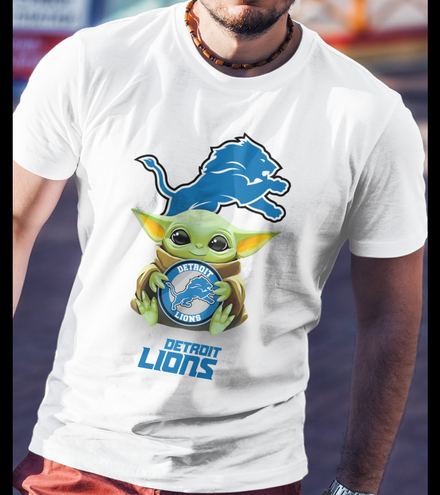 Star Wars Baby Yoda Detroit Lions Hugging Logo White T-Shirt
