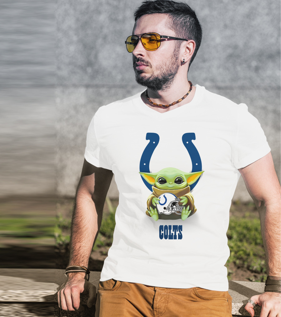 Baby Yoda Hugging Indianapolis Colts Helmet With Horseshoe T-Shirt