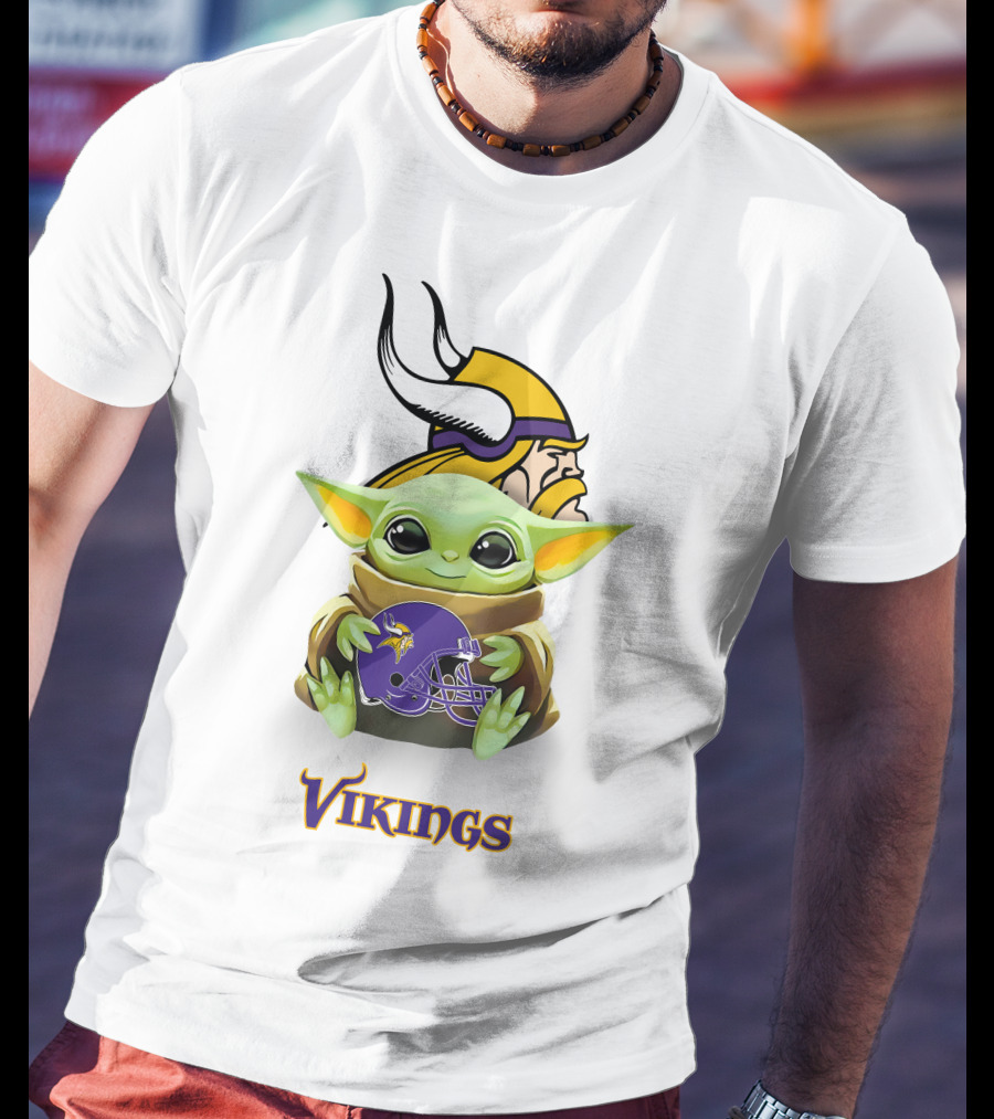 Star Wars Baby Yoda Holding Minnesota Vikings Helmet With Vikings T-Shirt