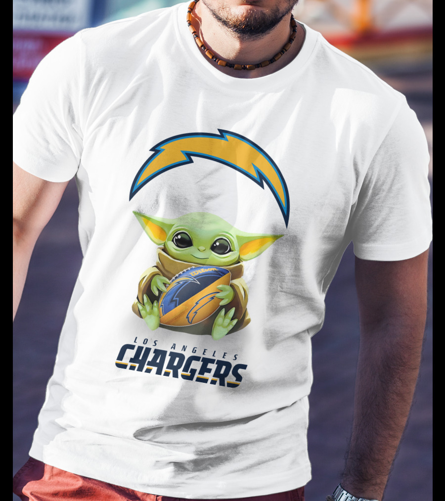 Star Wars Baby Yoda Los Angeles Chargers Football Hug White T-Shirt
