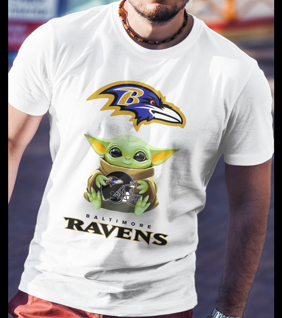 Baltimore Ravens Grogu Holding Ravens Helmet With Team T-Shirt