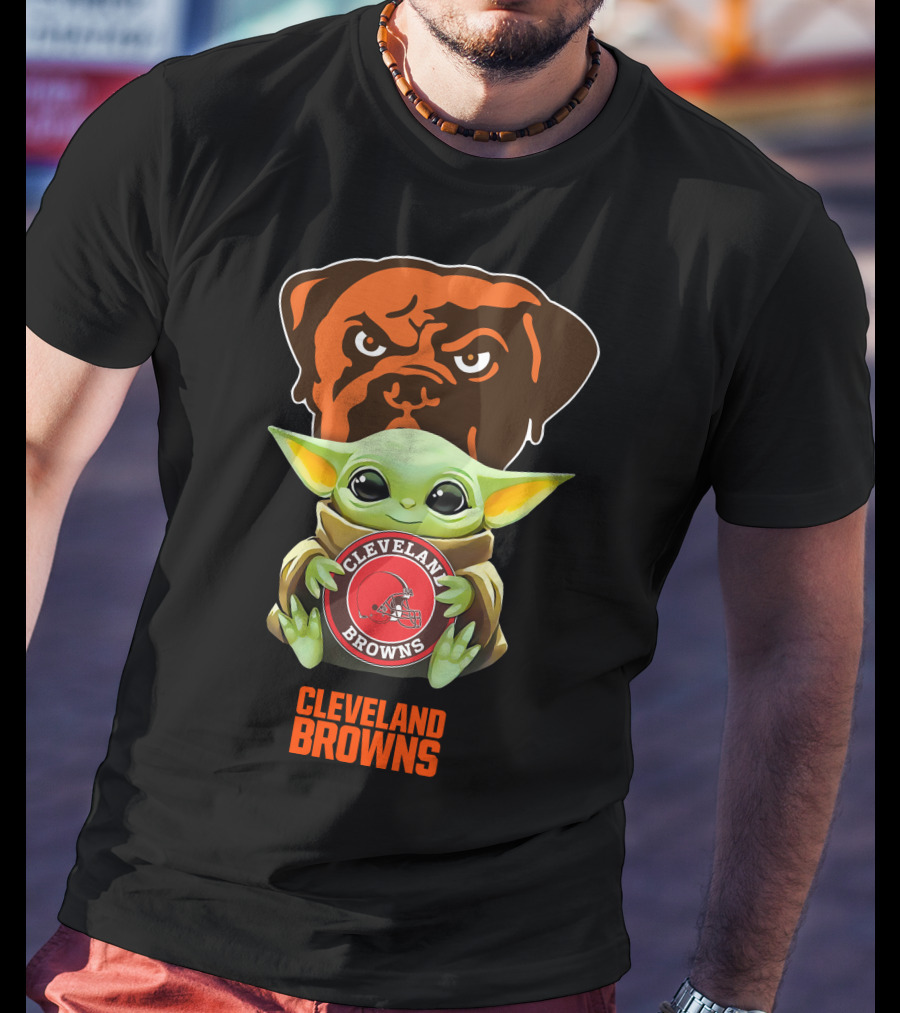 Grogu Holding Cleveland Browns Emblem With Team Mastiff Background T-Shirt