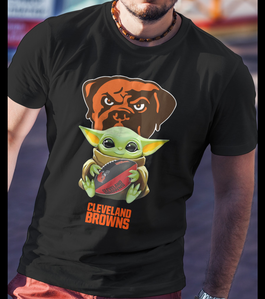 Grogu Hugging Football With Cleveland Browns Logo Tailgate T-Shirt