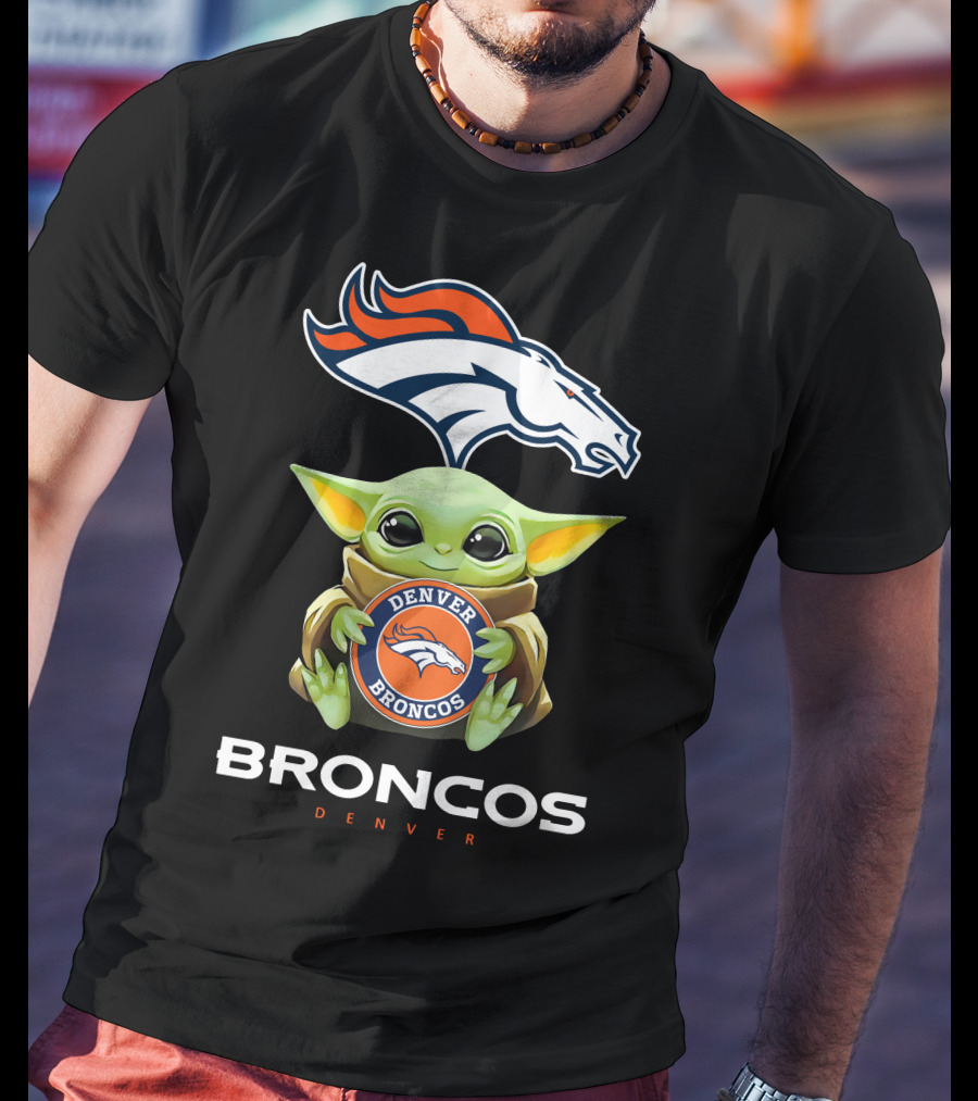 Denver Broncos Grogu Holding Team Emblem T-Shirt
