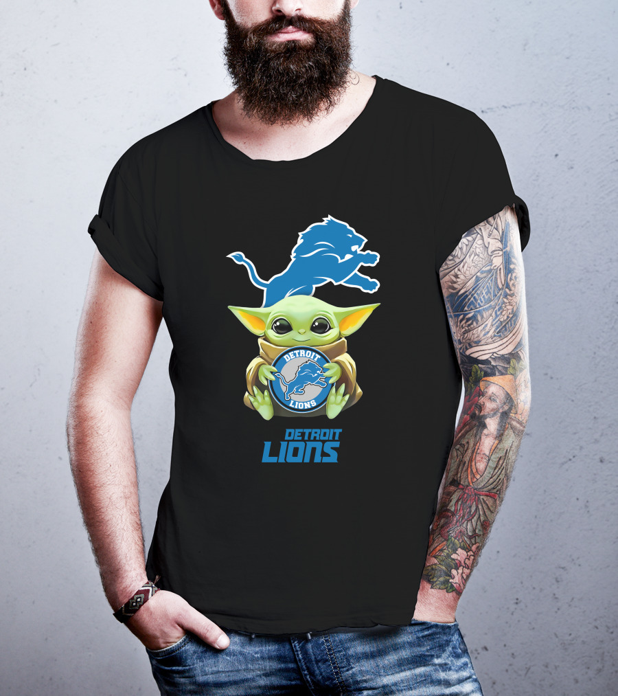 Grogu Holding Detroit Lions Emblem T-Shirt