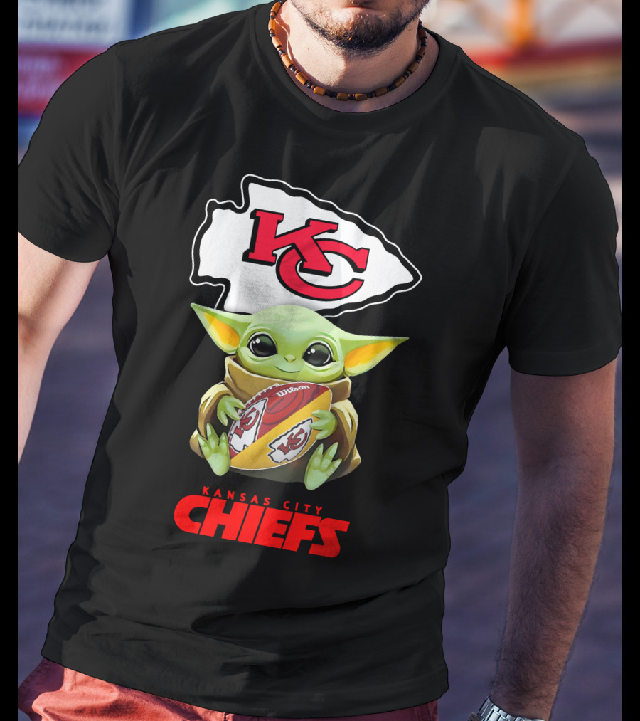 Grogu Holding Football Kansas City Chiefs KC T-Shirt