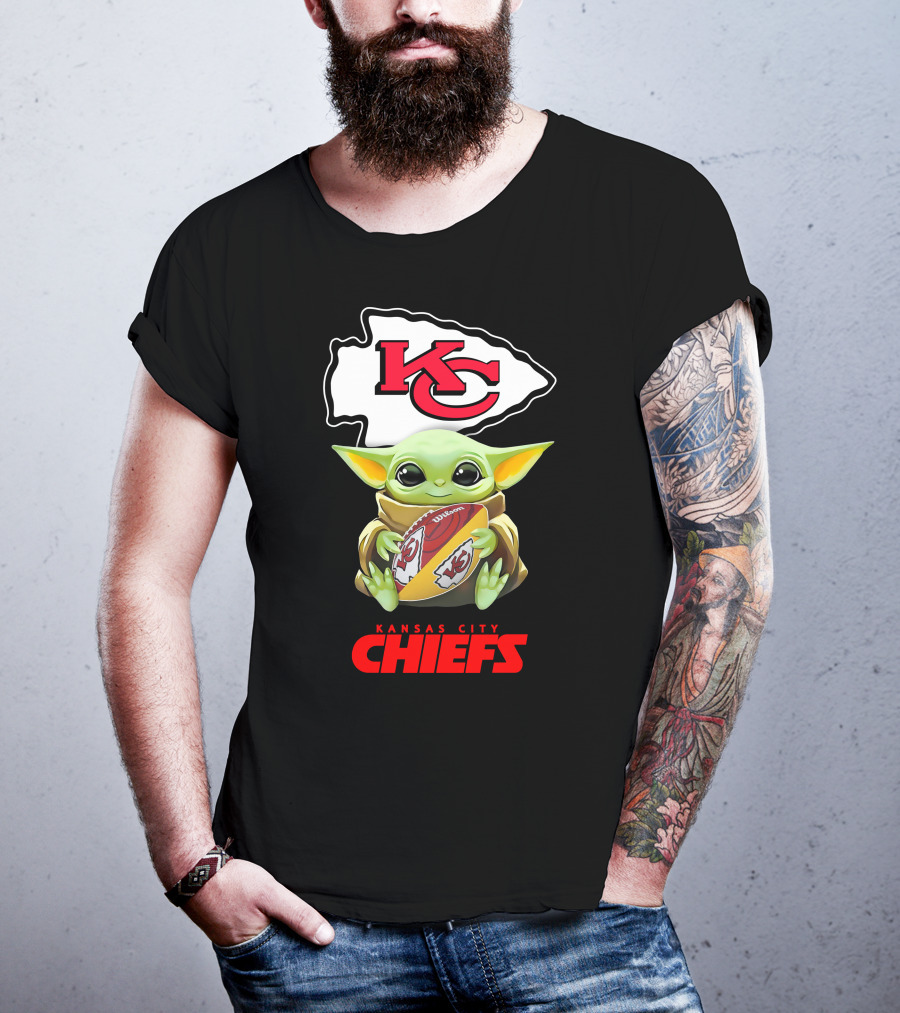 Grogu Holding Football Kansas City Chiefs KC T-Shirt