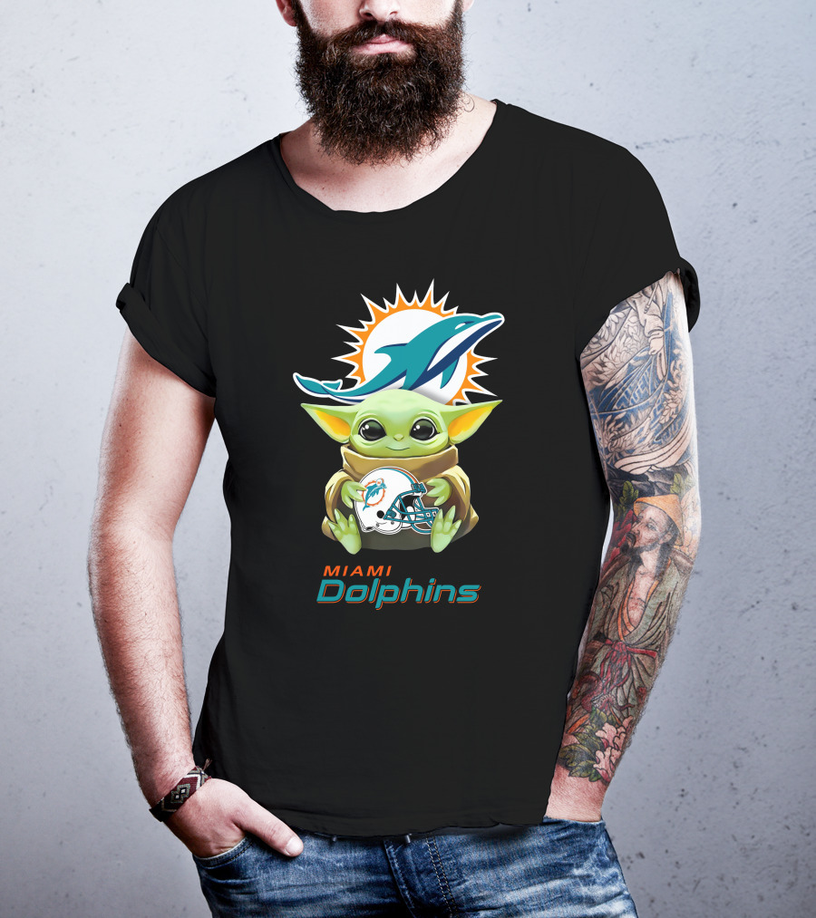 Miami Dolphins Grogu Holding Helmet Baby Yoda T-Shirt
