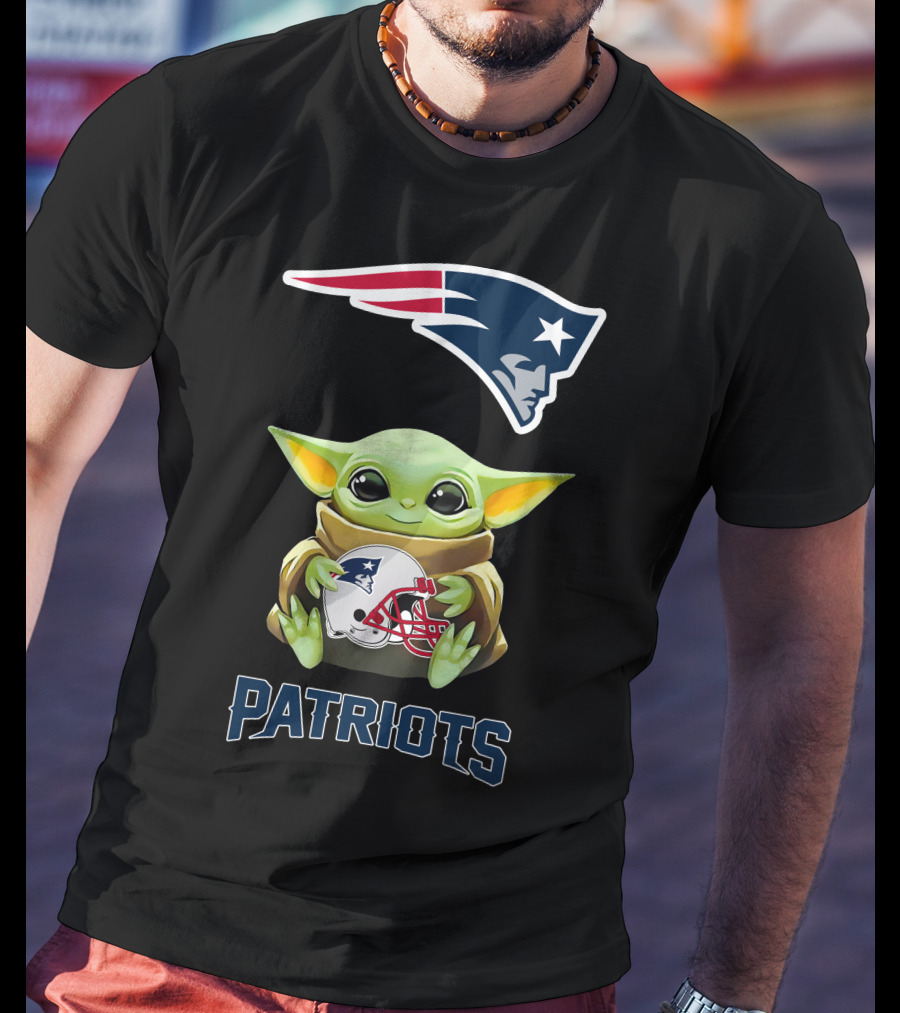 Grogu Holding New England Patriots Helmet With Logo And Patriots Text T-Shirt