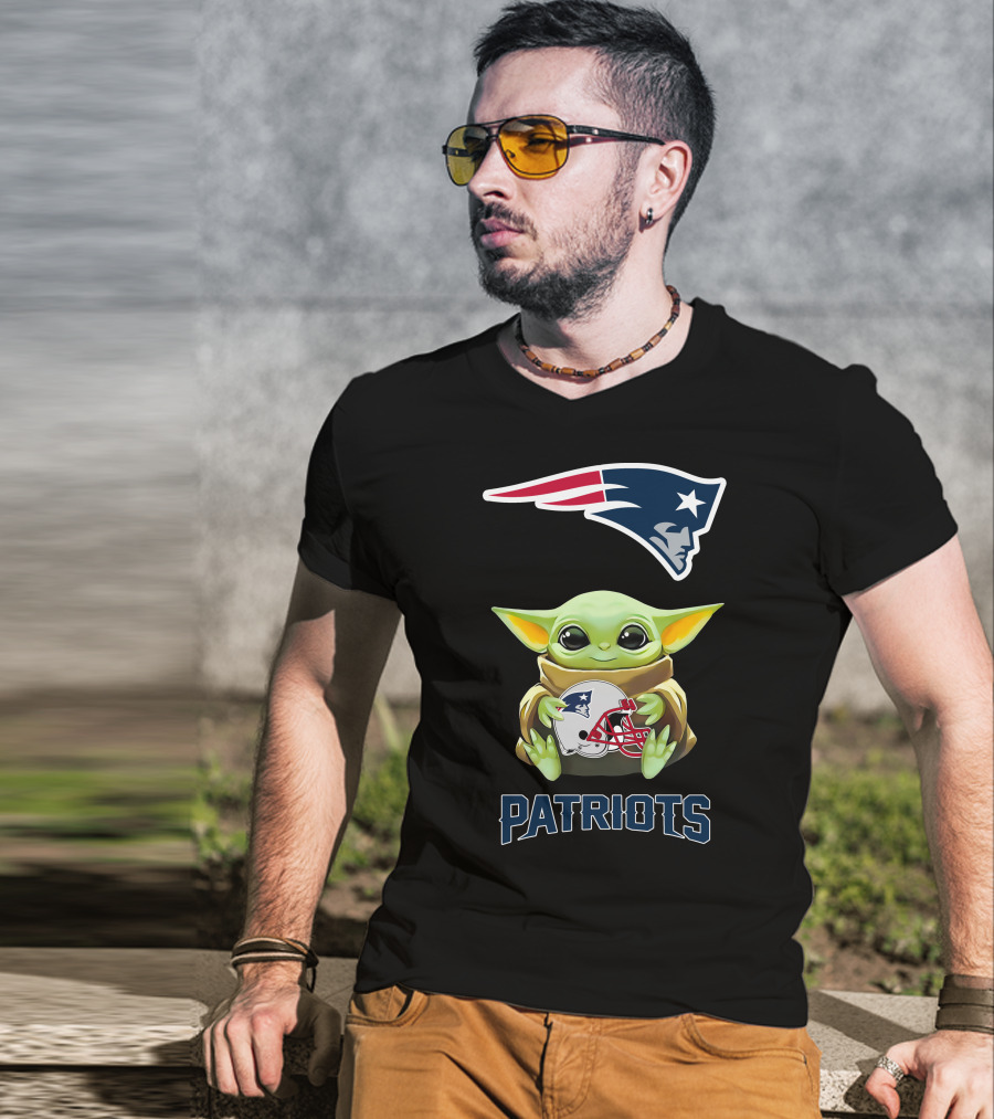 Grogu Holding New England Patriots Helmet With Logo And Patriots Text T-Shirt