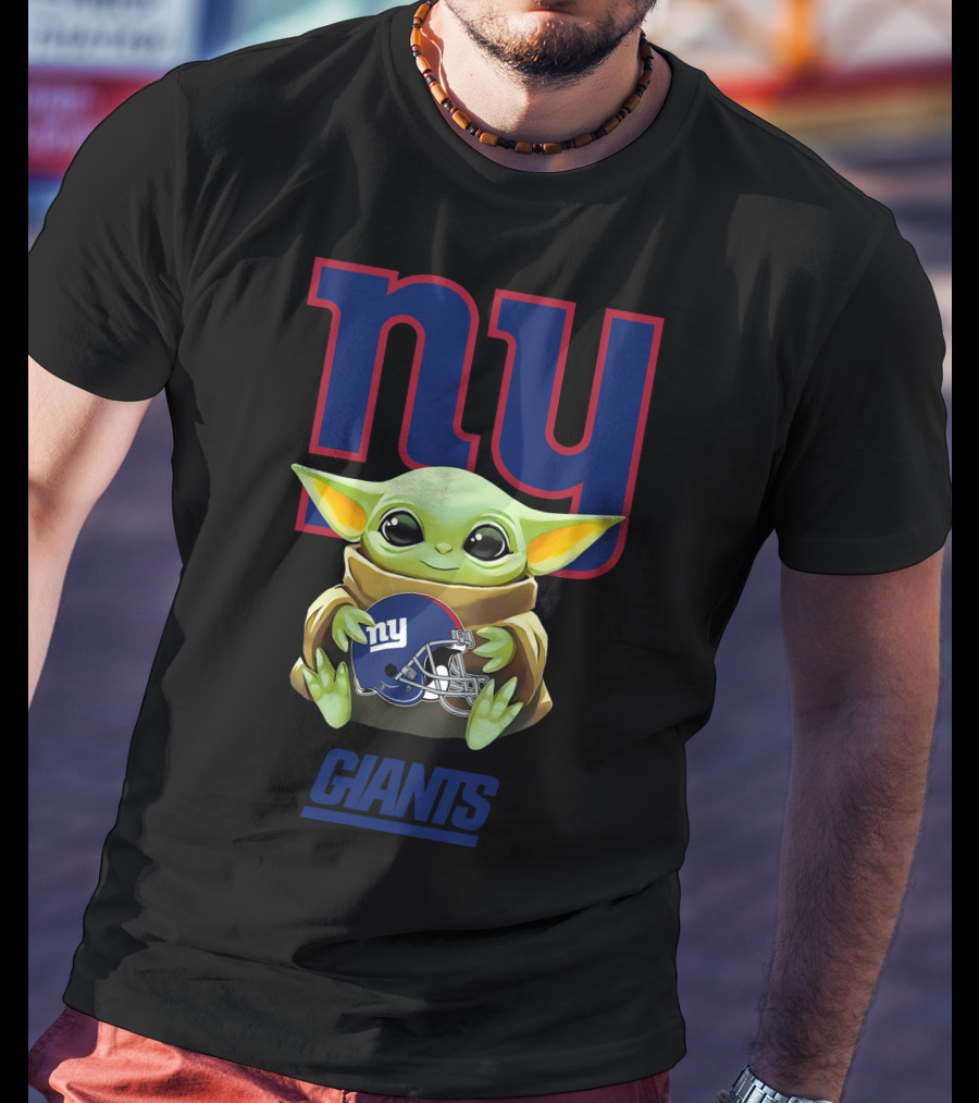 Grogu Holding New York Giants Football Helmet NYC Blue T-Shirt