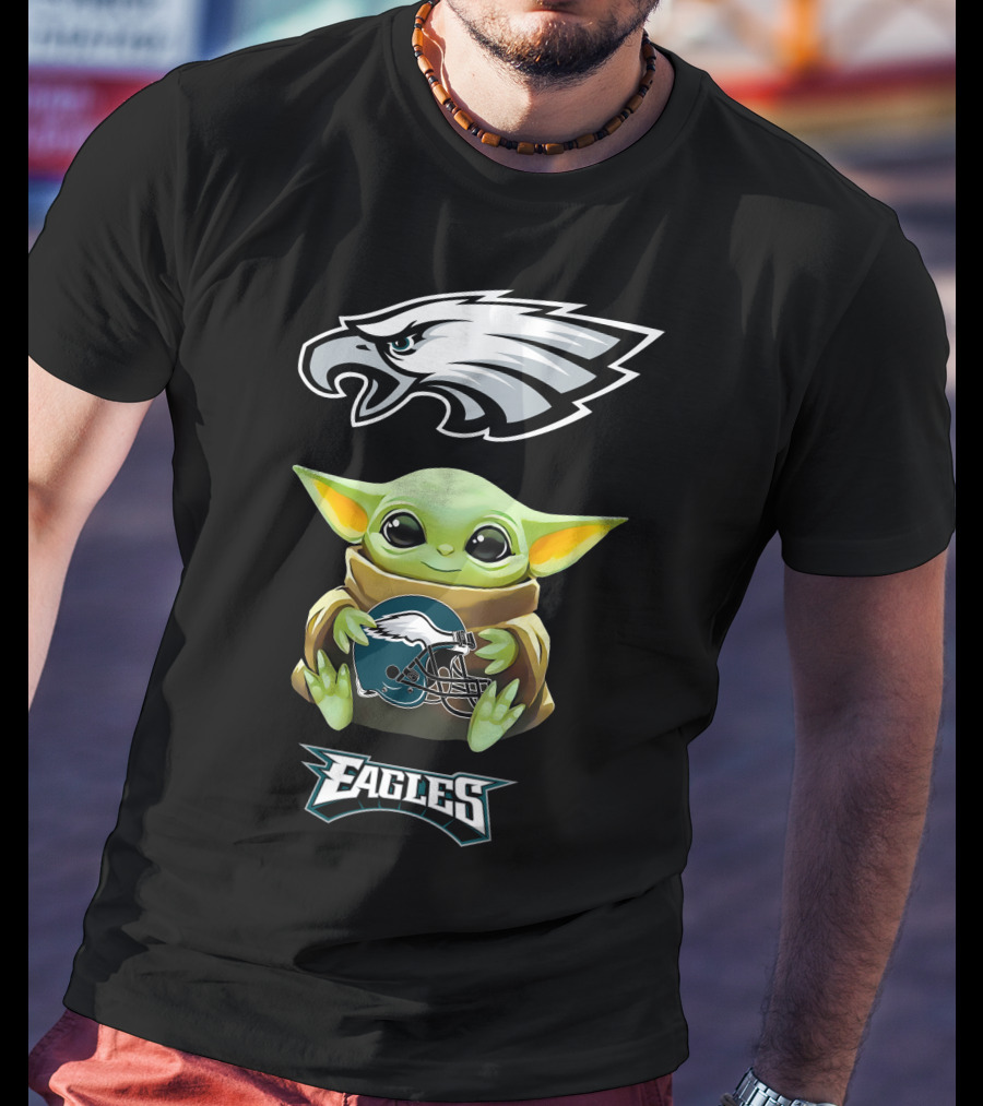Grogu Holding Philadelphia Eagles Helmet With Eagles T-Shirt