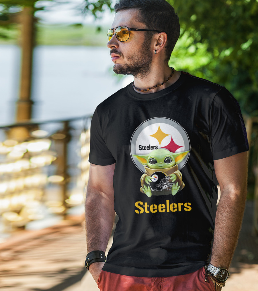 Grogu Holding Pittsburgh Steelers Helmet With Team T-Shirt