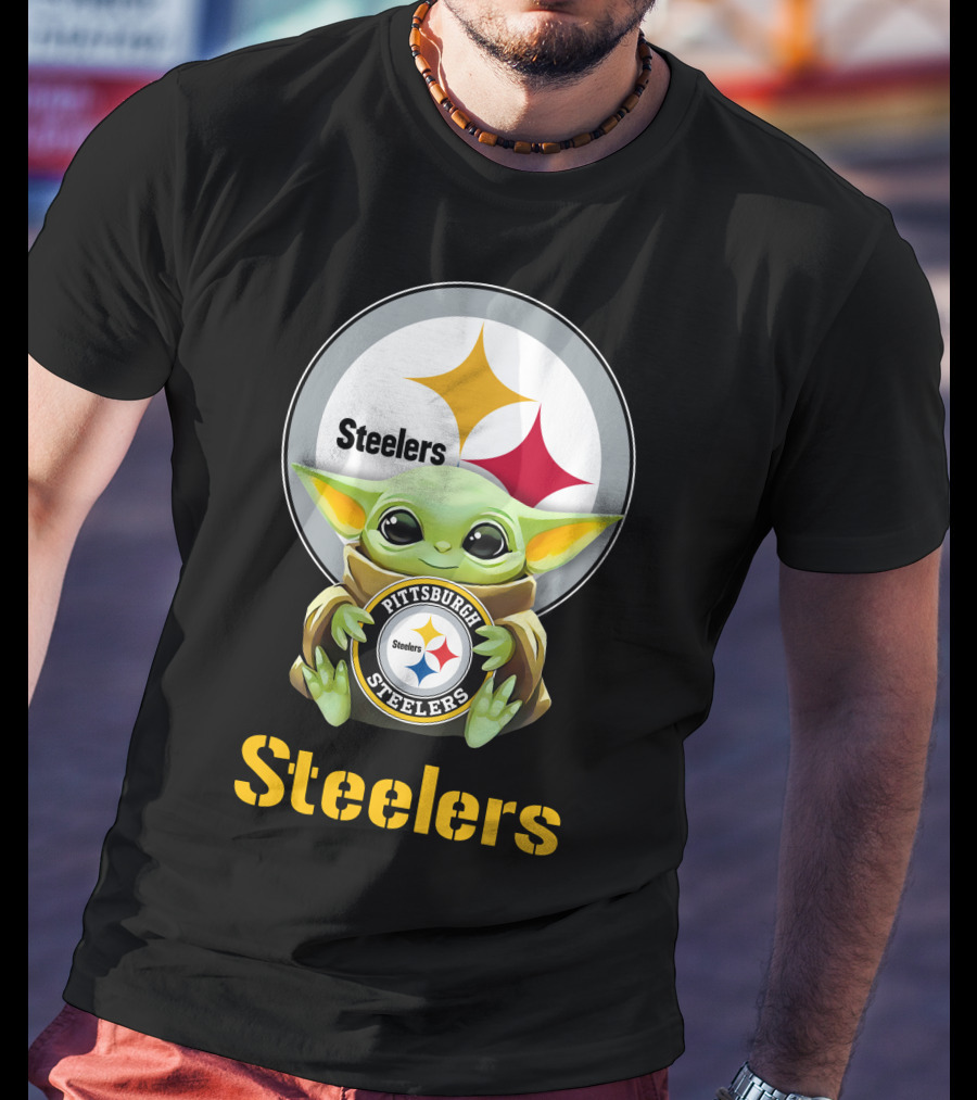 Grogu Holding Pittsburgh Steelers Emblem With Steelers Text T-Shirt