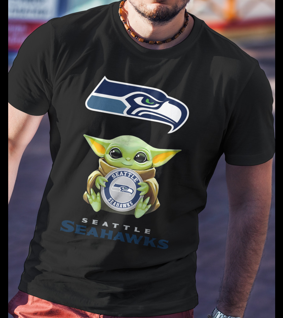 Grogu Holding Seattle Seahawks Logo Emblem With Team Name T-Shirt