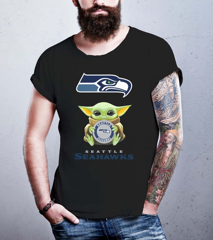 Grogu Holding Seattle Seahawks Logo Emblem With Team Name T-Shirt