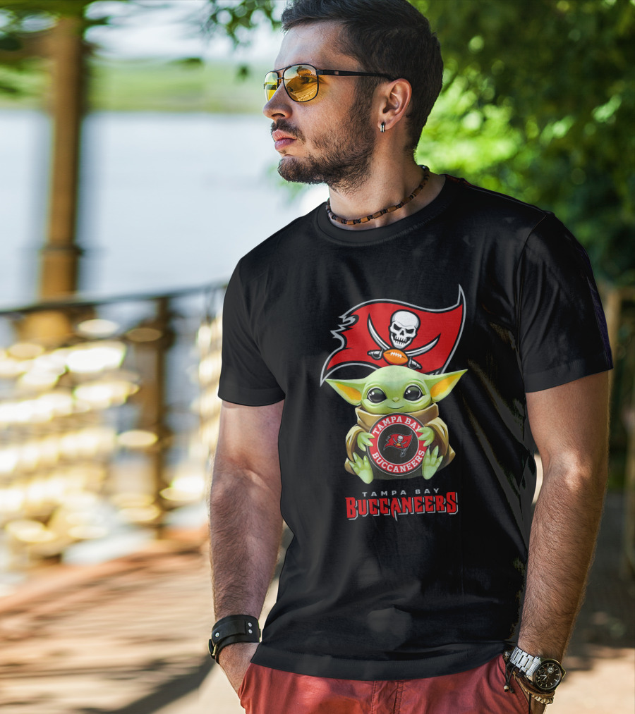 Tampa Bay Buccaneers Grogu Holding Team Logo With Pirate Flag T-Shirt