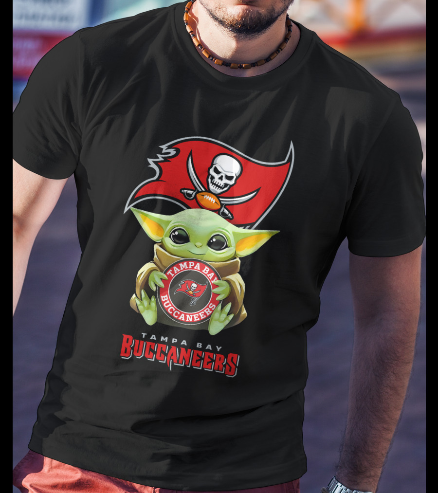 Tampa Bay Buccaneers Grogu Holding Team Logo With Pirate Flag T-Shirt