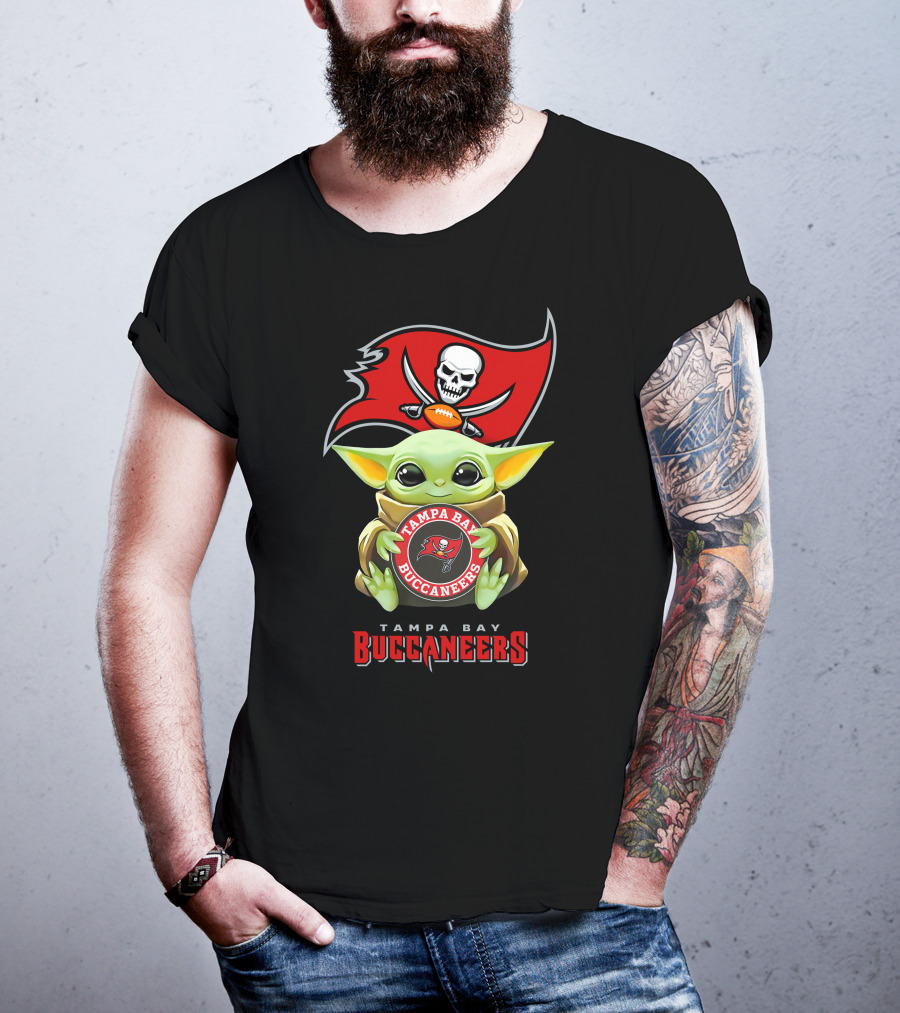 Tampa Bay Buccaneers Grogu Holding Team Logo With Pirate Flag T-Shirt