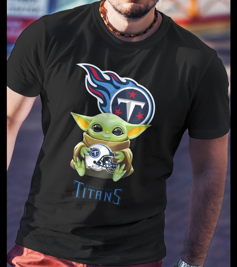 Grogu Holding Tennessee Titans Helmet With Team T-Shirt