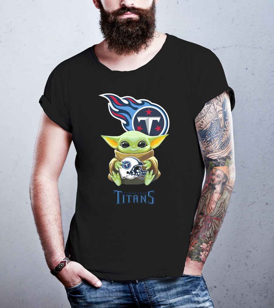 Grogu Holding Tennessee Titans Helmet With Team T-Shirt