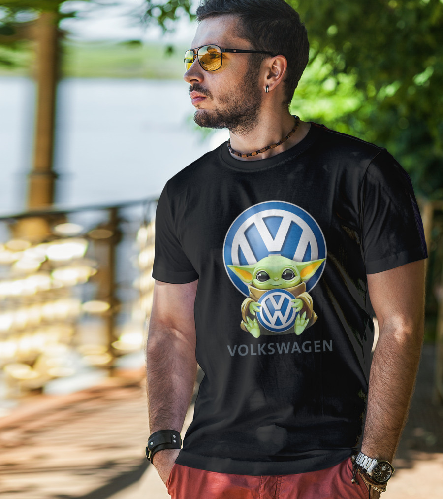 Grogu Holding Volkswagen Logo With Volkswagen Aktiengesellschaft Text T-Shirt