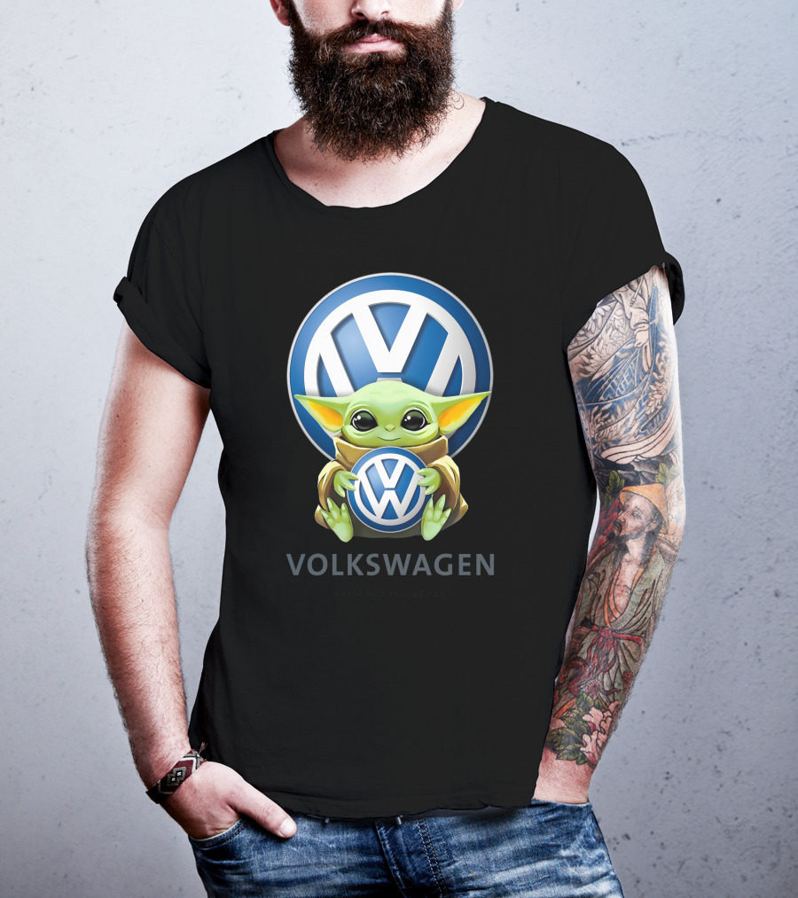 Grogu Holding Volkswagen Logo With Volkswagen Aktiengesellschaft Text T-Shirt