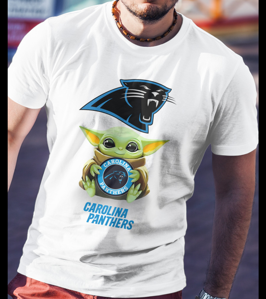 Grogu Holding Carolina Panthers Emblem With Team Logo In White T-Shirt