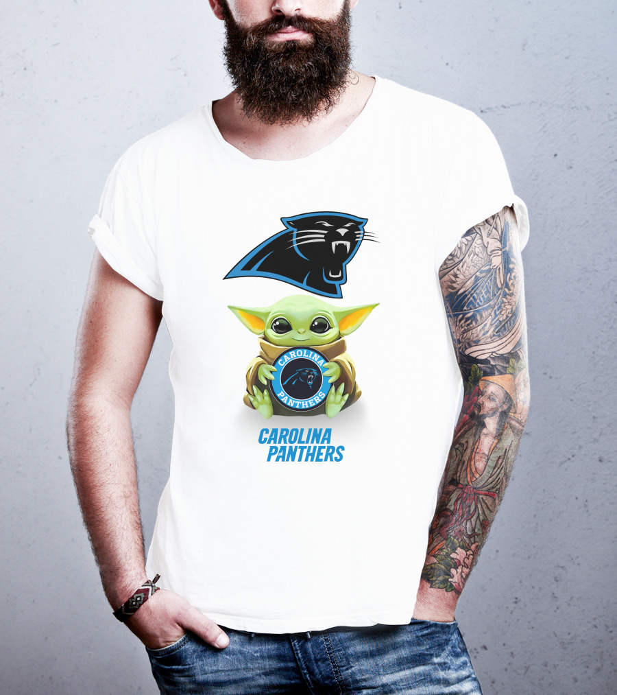 Grogu Holding Carolina Panthers Emblem With Team Logo In White T-Shirt