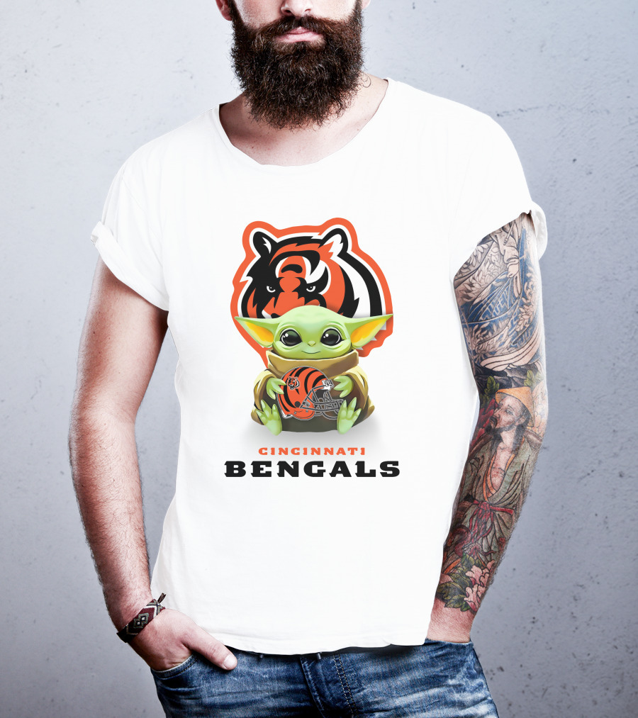 Grogu Holding Cincinnati Bengals Helmet With Team Logo And Colors T-Shirt