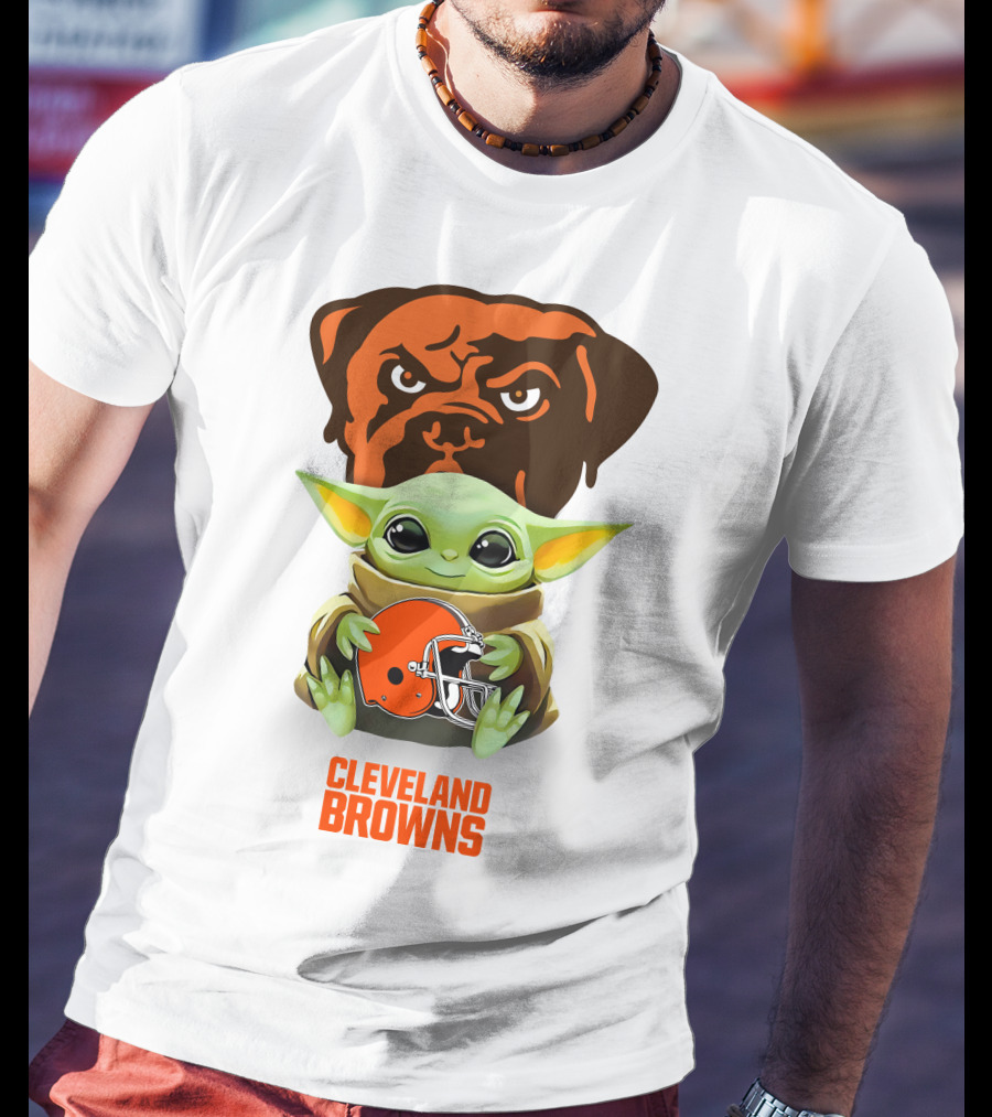 Grogu Holding Cleveland Browns Helmet With Brown Dog T-Shirt