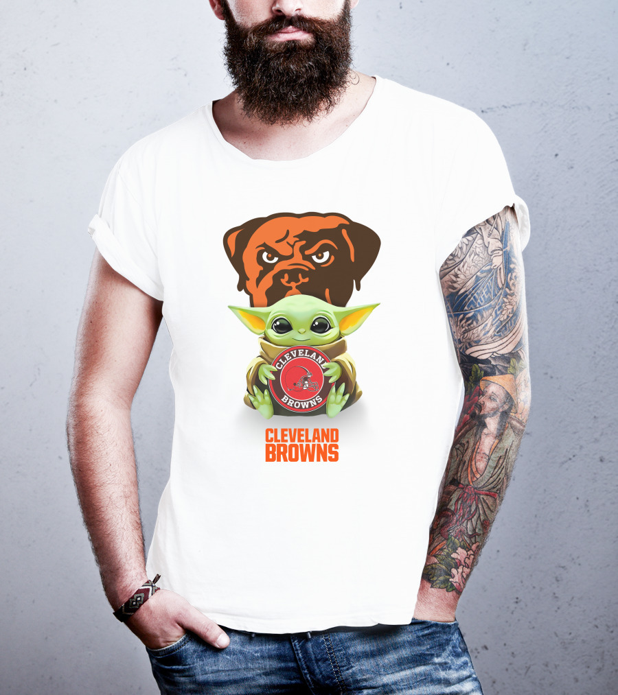 Cleveland Browns Grogu Hugging Cleveland Browns Logo Star Wars Crossover T-Shirt