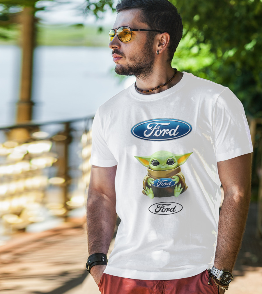 Ford Logo Grogu Hug Plush Mandalorian Baby Yoda White T-Shirt