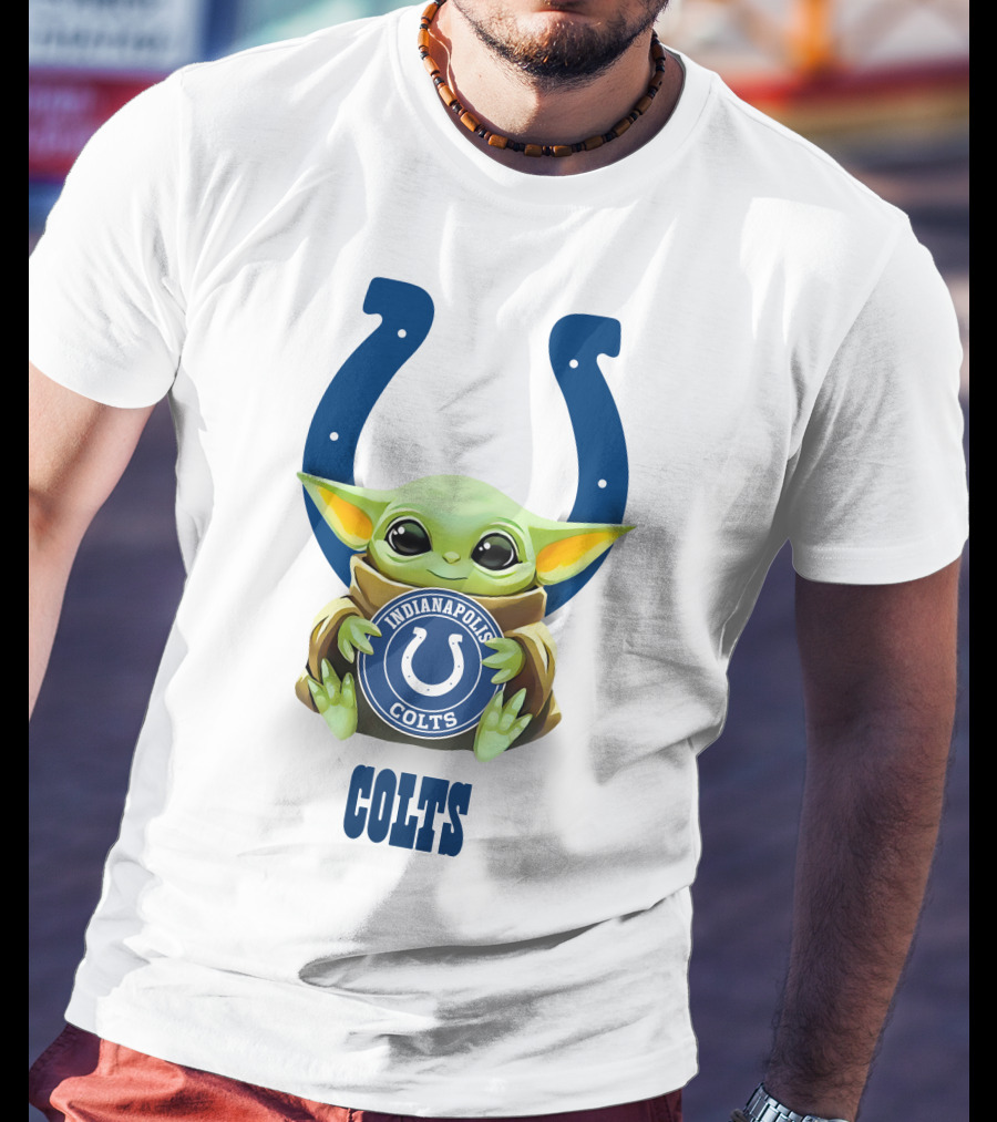 Grogu Holding Indianapolis Colts Emblem With Horseshoe Icon And Colts Text T-Shirt