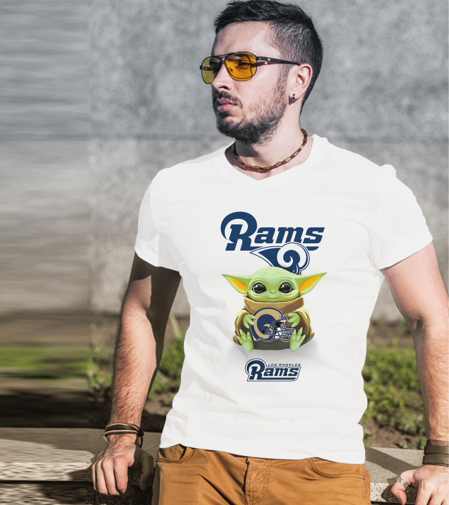 Grogu Holding Los Angeles Rams Helmet With Rams T-Shirt