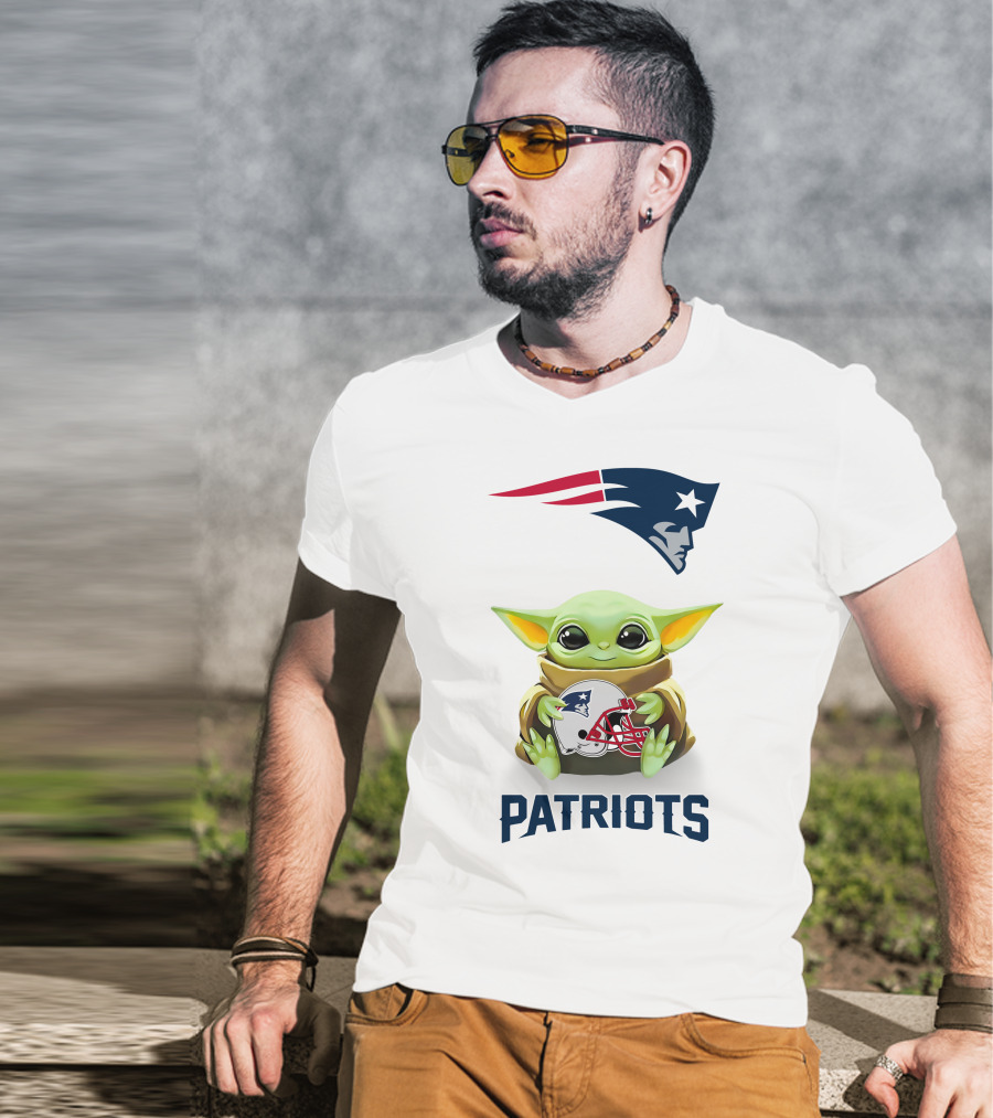 Grogu Hugging New England Patriots Helmet NFL Logo Fan T-Shirt