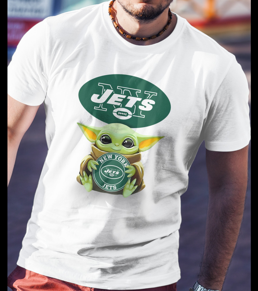 Grogu Holding New York Jets Emblem With NY Jets T-Shirt