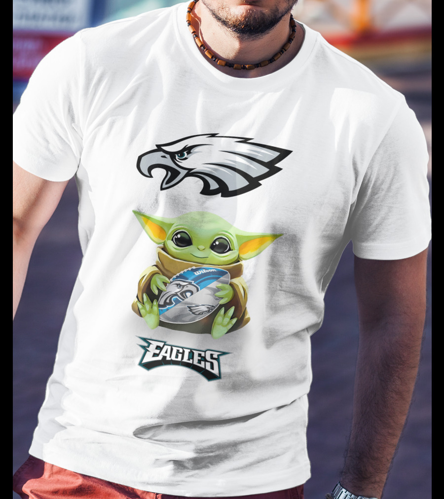 Philadelphia Eagles Grogu Hug Football Tailgate White T-Shirt