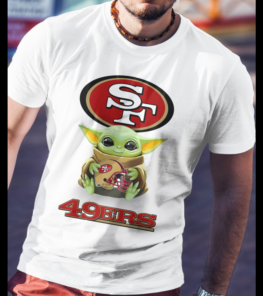 Grogu Hugging San Francisco 49ers SF Helmet Logo 49ers White T-Shirt