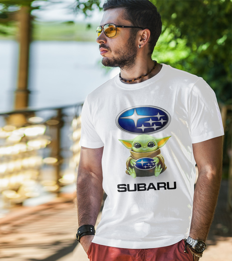 Grogu Holding Subaru Logo With Symbol And Text T-Shirt