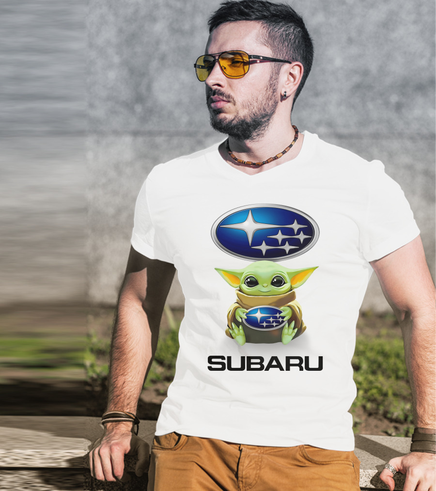 Grogu Holding Subaru Logo With Symbol And Text T-Shirt