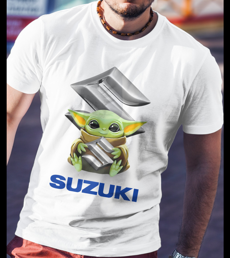 Grogu Hugging Suzuki Logo With Silver Emblem And Brown Cloak T-Shirt