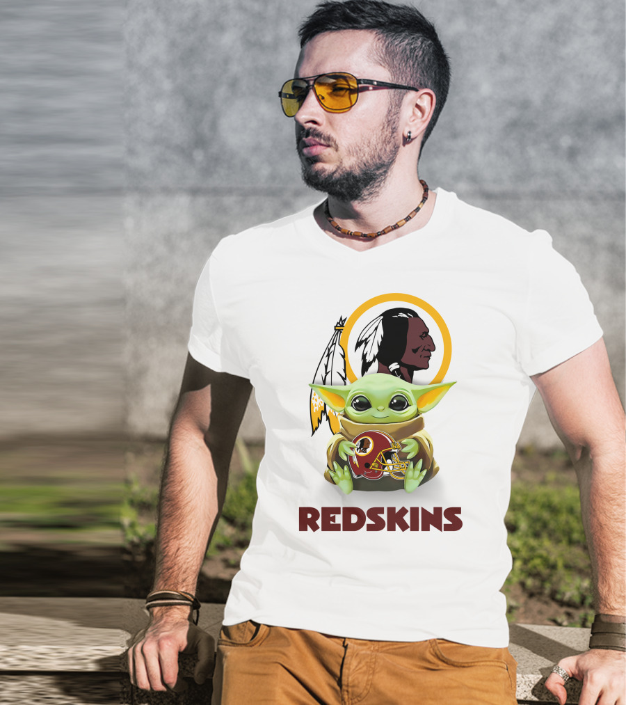 Grogu Hugging Washington Redskins Helmet With Classic Redskins T-Shirt
